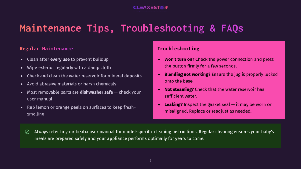 5 Maintenance Tips Troubleshooting And Faqs 1 Cleanestor Maintenance Tips, Troubleshooting &Amp; Faqs: Regular Maintenance Includes Cleaning Exterior With A Damp Cloth, Checking Water Reservoir, Avoiding Harsh Chemicals, And Ensuring Seals Are Tight. Troubleshooting Covers Power Connection, Blending, And Leaks.