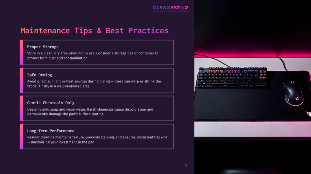 A Gaming Setup With A Mechanical Keyboard And Rgb Mousepad On A Desk, Next To A Computer Mouse. Text On The Left Provides &Quot;Cleanestor&Quot; Maintenance Tips For Gaming Peripherals.