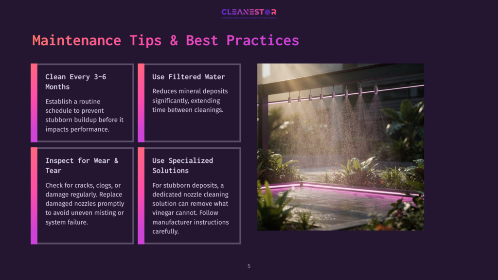 Close-Up Of A Misting System With Multiple Spray Nozzles Showering Water Onto A Clean, Tiled Surface Surrounded By Lush Green Plants And Pink Led Lights.