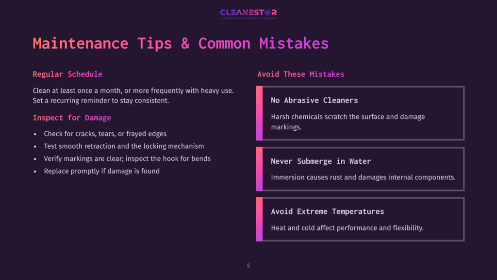 Cleanestor Maintenance Tips Graphic: Regular Schedule, Inspect For Damage (Cracks, Tears, Smooth Retraction, Verify Markings, Replace Promptly), And Avoid Mistakes (Abrasive Cleaners, Submersion In Water, Extreme Temperatures).