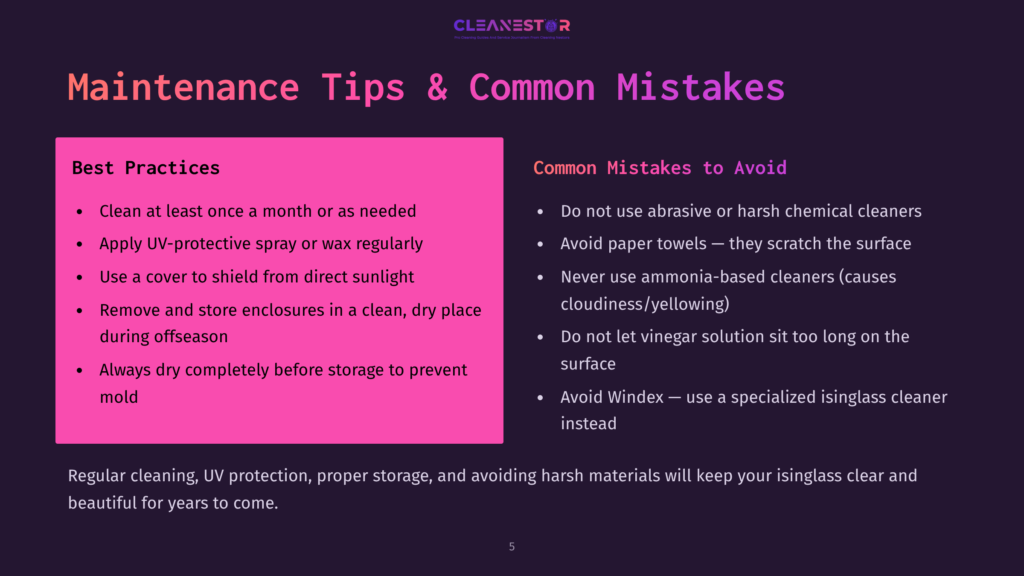 5 Maintenance Tips And Common Mistakes Infographic Titled &Quot;Maintenance Tips &Amp; Common Mistakes&Quot; With &Quot;Best Practices&Quot; On The Left, Including Cleaning And Storage Advice, And &Quot;Common Mistakes To Avoid&Quot; On The Right, Warning Against Abrasive Cleaners And Improper Care For Isinglass.