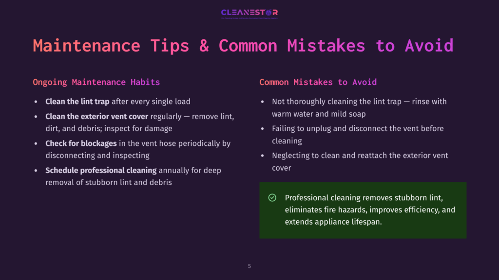 Maintenance Tips And Common Mistakes To Avoid For Lint Trap, Exterior Vent Cover, Blockages, And Professional Cleaning Of An Appliance.