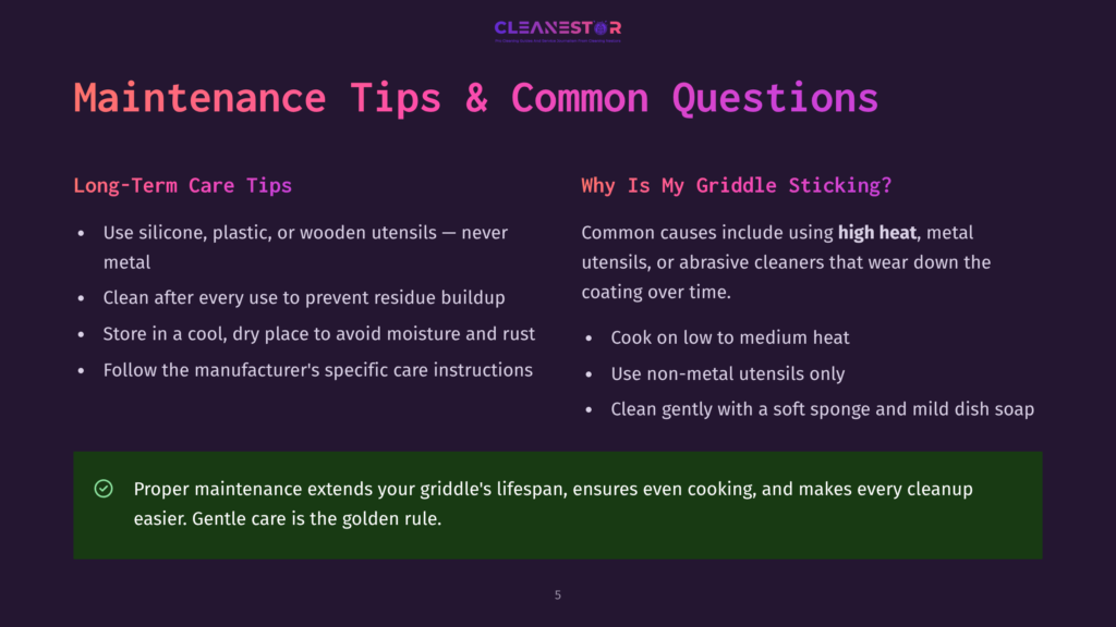 Infographic Titled &Quot;Maintenance Tips &Amp; Common Questions&Quot; With Two Columns: &Quot;Long-Term Care Tips&Quot; And &Quot;Why Is My Griddle Sticking?&Quot;. Key Tips Include Using Silicone Utensils, Cleaning After Every Use, Storing In A Cool Dry Place, And Following Manufacturer Instructions. Common Causes For Sticking Include High Heat, Abrasive Cleaners, And Using Non-Metal Utensils.