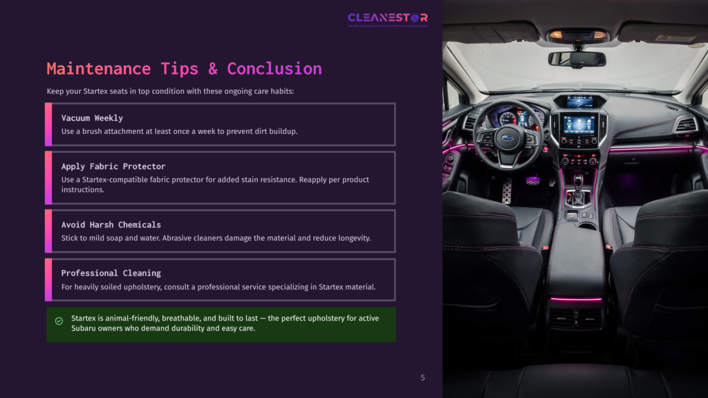 Interior Of A Modern Subaru With A Sleek Dashboard, Ambient Pink Lighting, And Black Leather Seats, Featuring Text About Car Seat Maintenance Tips.