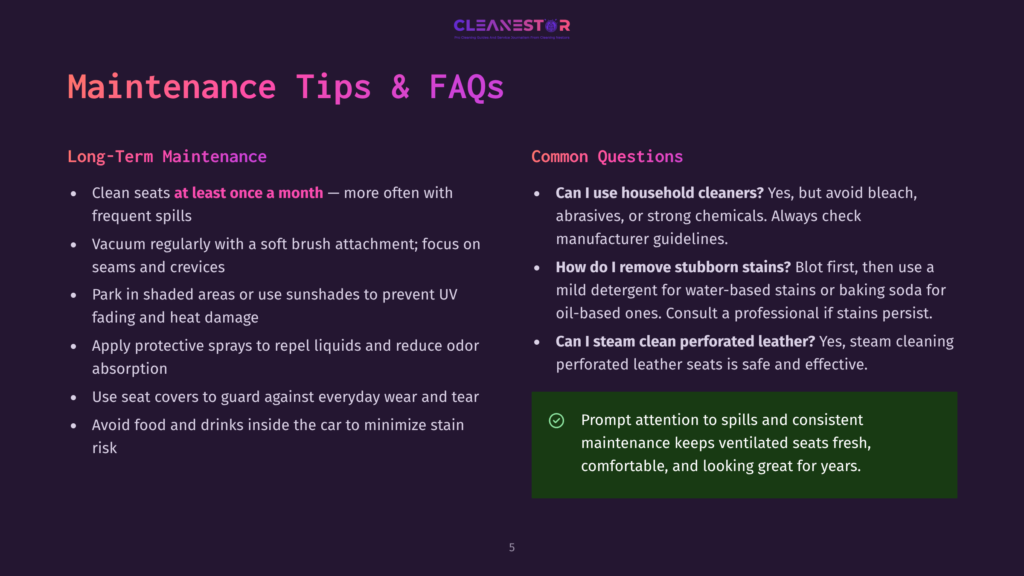 Car Maintenance Tips Infographic Showing Section Headers For Long-Term Maintenance And Common Questions With Text On How To Clean Seats, Vacuum, Protect From Uv, And Use Seat Covers.
