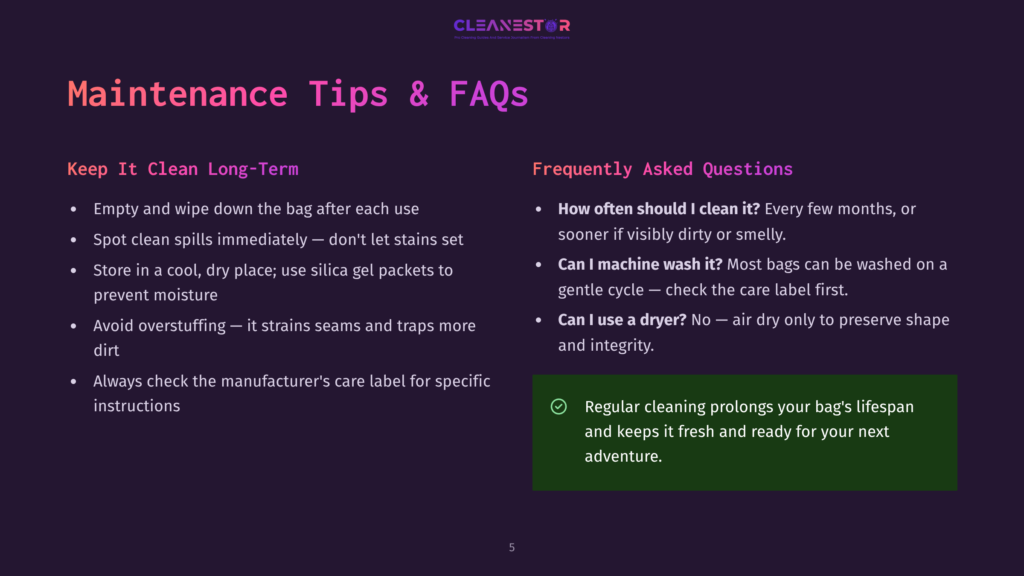 Cleanestor Maintenance Tips &Amp; Faqs: Keep It Clean Long-Term With Advice On Emptying, Spot Cleaning, Storage, And Avoiding Overstuffing. Frequently Asked Questions Cover Cleaning Frequency And Machine Washability.