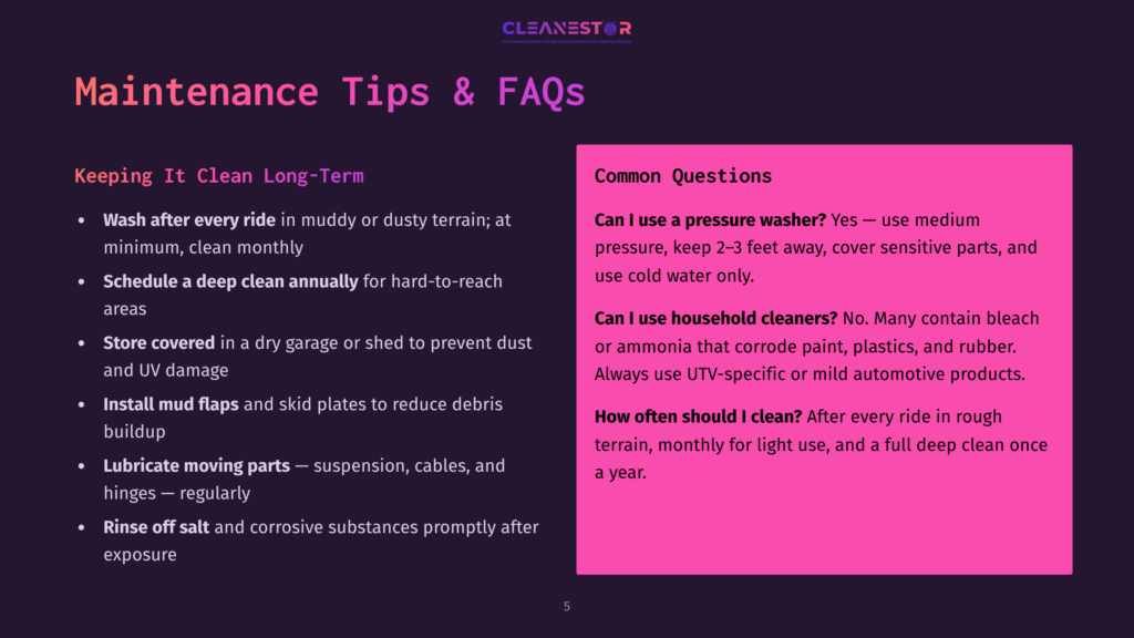 5 Maintenance Tips And Faqs 14 Maintenance Tips &Amp; Faqs Slide With A Purple Background And White Text. It Lists Tips For Keeping Vehicles Clean, Such As Washing After Every Ride And Scheduling Deep Cleaning, And Common Questions About Pressure Washers And Household Cleaners.