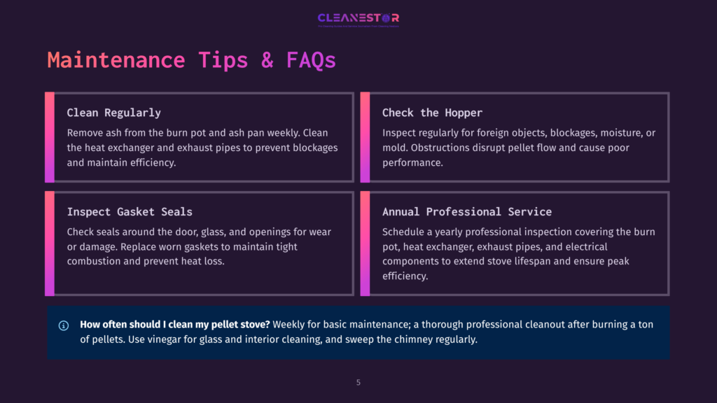 Graphic With Text From The Cleanestor Company, Detailing Pellet Stove Maintenance Tips: &Quot;Clean Regularly,&Quot; &Quot;Check The Hopper,&Quot; &Quot;Inspect Gasket Seals,&Quot; And &Quot;Annual Professional Service.