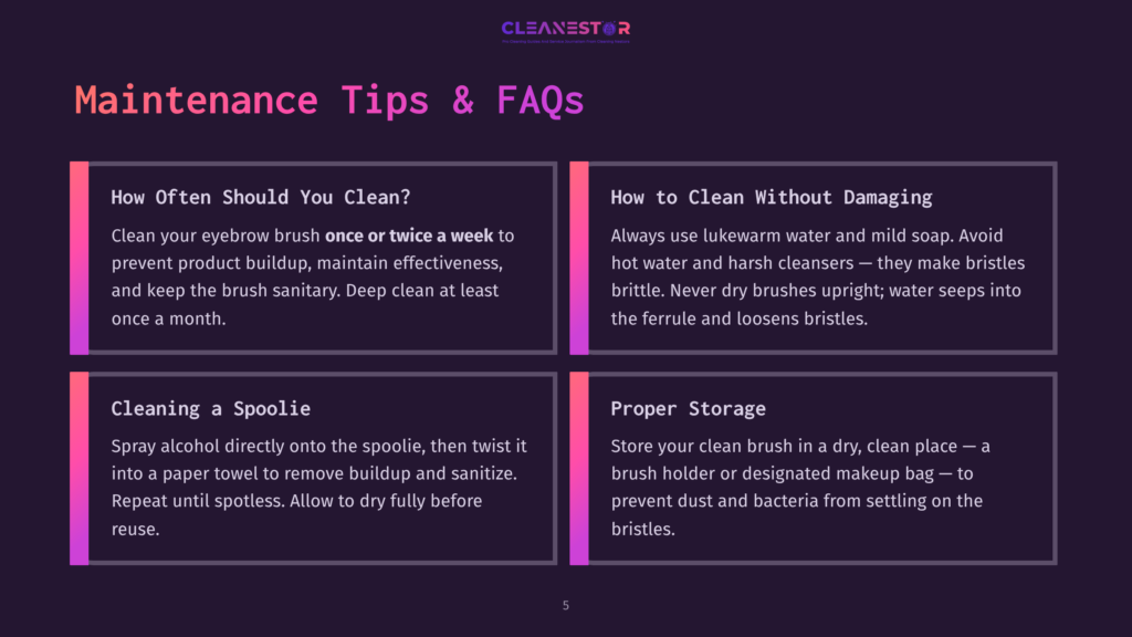 Dark Purple Background With Four White Boxes Containing Maintenance Tips For Eyebrow Brushes: &Quot;How Often Should You Clean?&Quot;, &Quot;How To Clean Without Damaging&Quot;, &Quot;Cleaning A Spoolie&Quot;, And &Quot;Proper Storage&Quot;.