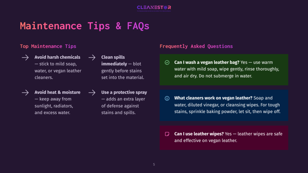 A Dark Purple Background Displays A &Quot;Maintenance Tips &Amp; Faqs&Quot; Graphic With Text About Cleaning Vegan Leather. Key Tips Include Avoiding Harsh Chemicals, Heat, And Moisture, And Cleaning Spills Immediately. Faqs Address Washing A Vegan Leather Bag And Using Leather Wipes.