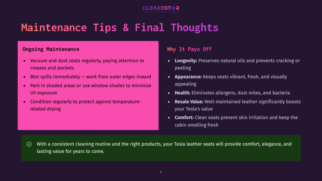 5 Maintenance Tips And Final Thoughts A Pink And White Graphic Displays Tesla Leather Seat Maintenance Tips And Final Thoughts, Including Vacuuming, Uv Protection, And The Benefits Of Maintaining Leather Seats.