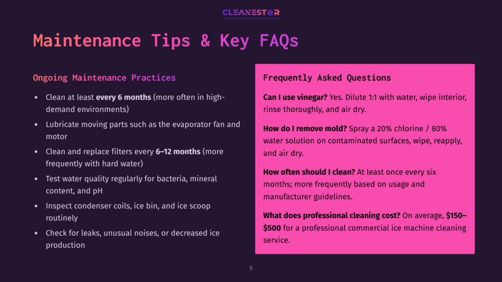 Maintenance Tips And Key Faqs Displayed On A Dark Purple Background. The Text Is Divided Into Two Sections: Ongoing Maintenance Practices And Frequently Asked Questions. Practices Include Cleaning Every 6 Months, Lubricating Moving Parts, And Inspecting Condenser Coils. Faqs Address Using Vinegar, Removing Mold, Cleaning Frequency, And Professional Cleaning Costs.