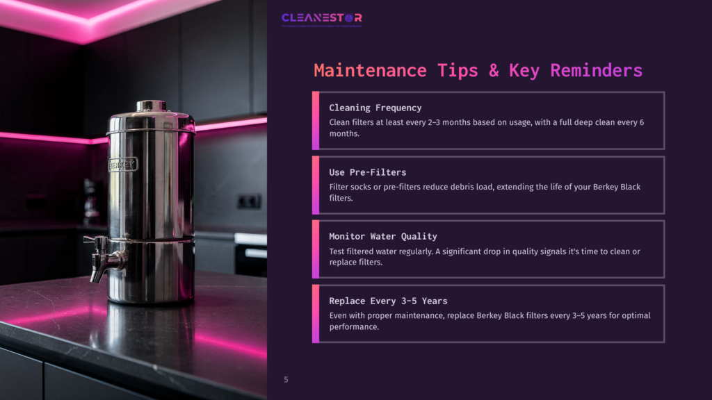 A Stainless Steel Berkey Water Filter System Sits On A Dark Countertop, Illuminated By Vibrant Pink Neon Lights, With &Quot;Cleanestor&Quot; Branding And Maintenance Tips On A Purple Background.