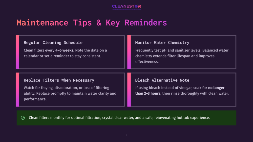 5 Maintenance Tips And Key Reminders Cleanestor Logo And Hot Tub Maintenance Tips: Regular Cleaning Schedule, Monitor Water Chemistry, Replace Filters, And Bleach Alternative Note. Clean Filters Monthly For Optimal Filtration.