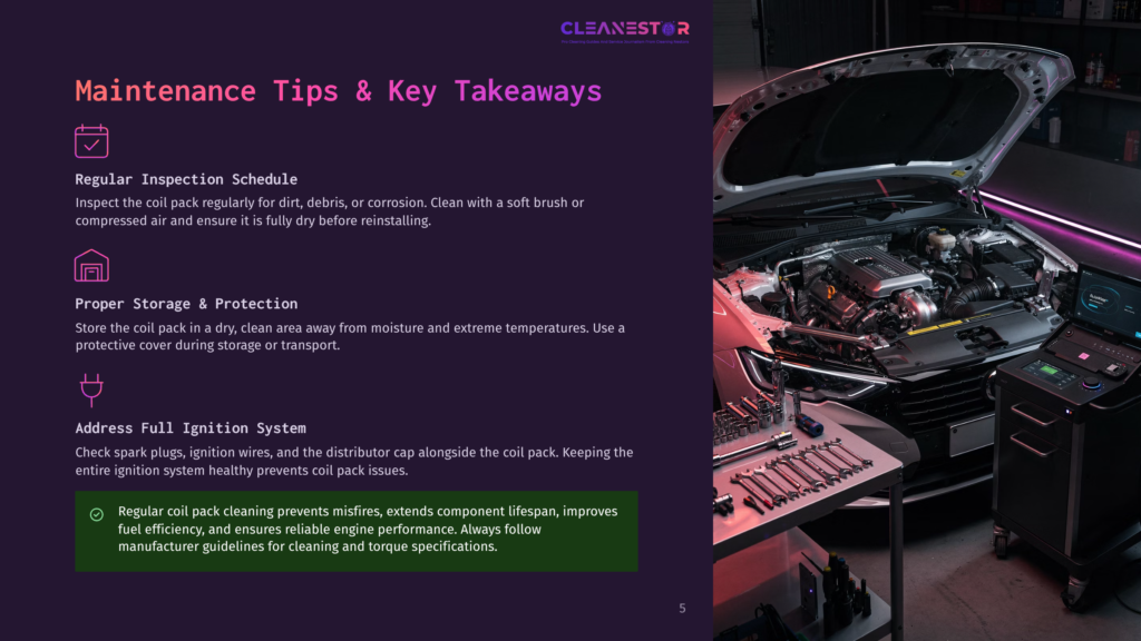 A Car Engine With The Hood Up, Tools And Parts Around It. A Text Box With &Quot;Maintenance Tips &Amp; Key Takeaways&Quot; And Bullet Points.
