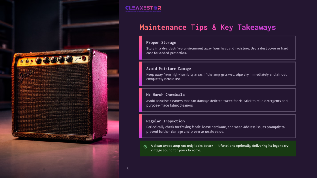 Fender Tweed Amp With &Quot;Cleanestor&Quot; Logo And Maintenance Tips: Proper Storage, Avoid Moisture Damage, No Harsh Chemicals, Regular Inspection. The Amp Is Lit With Pink And Purple Light.