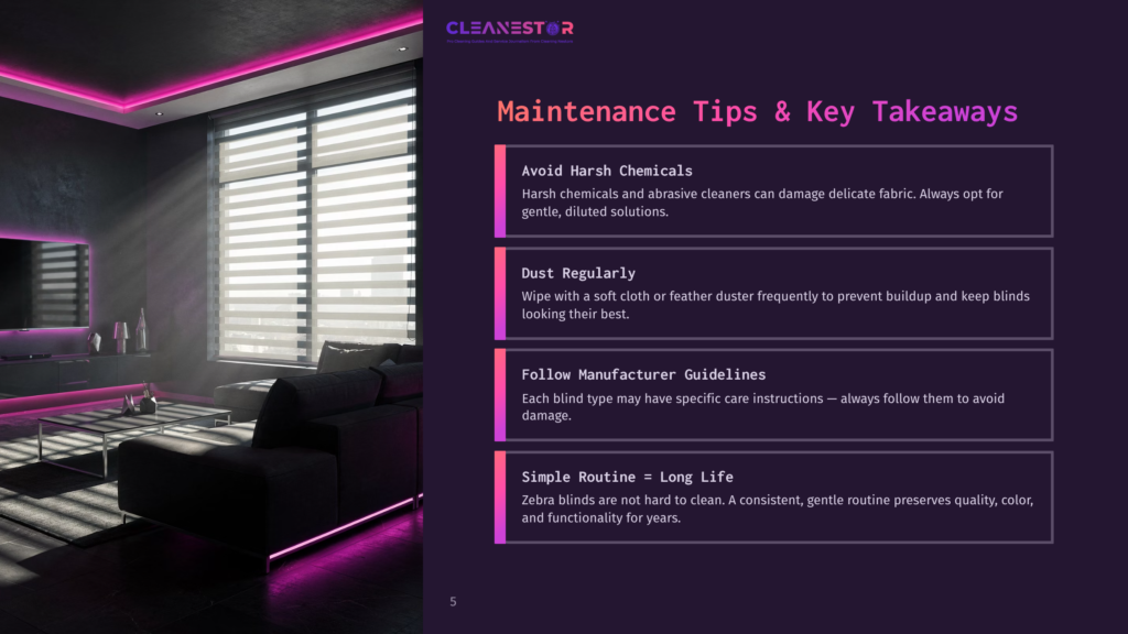Modern Living Room With Sleek Black Sofa, Large Window With Blinds, And Neon Pink Accent Lighting. Text Overlay: &Quot;Cleanestor Maintenance Tips &Amp; Key Takeaways&Quot; With Bullet Points On Avoiding Harsh Chemicals, Dusting Regularly, Following Manufacturer Guidelines, And Simple Routine For Long Life.