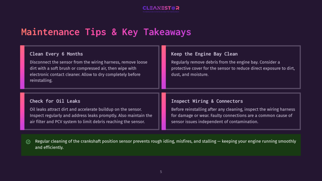 Infographic Titled &Quot;Maintenance Tips &Amp; Key Takeaways&Quot; With Four Sections: &Quot;Clean Every 6 Months&Quot;, &Quot;Keep The Engine Bay Clean&Quot;, &Quot;Check For Oil Leaks&Quot;, And &Quot;Inspect Wiring &Amp; Connectors&Quot;. A Green Checkmark Highlights A Tip About Regular Cleaning Of The Crankshaft Position Sensor.