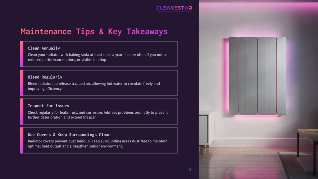 Modern Silver Radiator With Pink Led Lighting, Displaying &Quot;Cleanestor&Quot; Logo And &Quot;Maintenance Tips &Amp; Key Takeaways&Quot; Text With Bullet Points On A Purple Background.