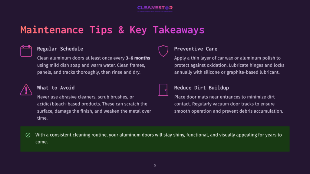 Cleanestor Logo At The Top, Followed By Maintenance Tips For Aluminum Doors: Regular Schedule, Preventive Care, What To Avoid, And Reduce Dirt Buildup. Text Emphasizes Consistent Cleaning For Shiny, Functional, And Visually Appealing Doors.