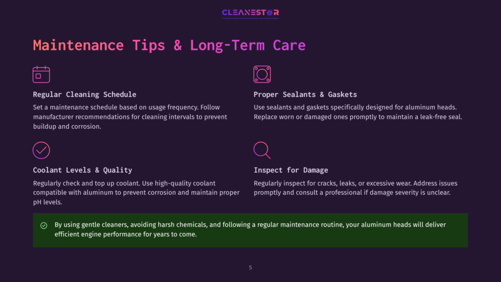 Infographic Detailing Maintenance Tips For Aluminum Heads, Including Regular Cleaning Schedules, Proper Sealant And Gasket Use, Coolant Level Checks, And Inspection For Damage. The Text &Quot;Maintenance Tips &Amp; Long-Term Care&Quot; Is Prominent.
