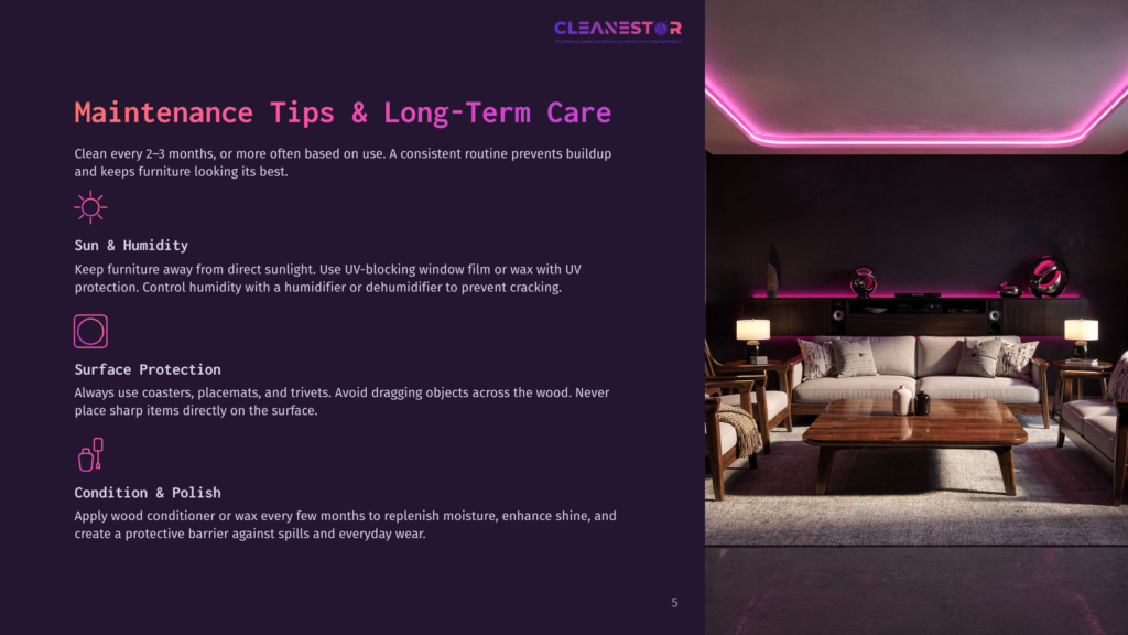 Modern Living Room With Plush Sofas, A Wooden Coffee Table, And Ambient Pink Led Lighting. Text Overlay Reads &Quot;Cleanestor Maintenance Tips &Amp; Long-Term Care&Quot;.