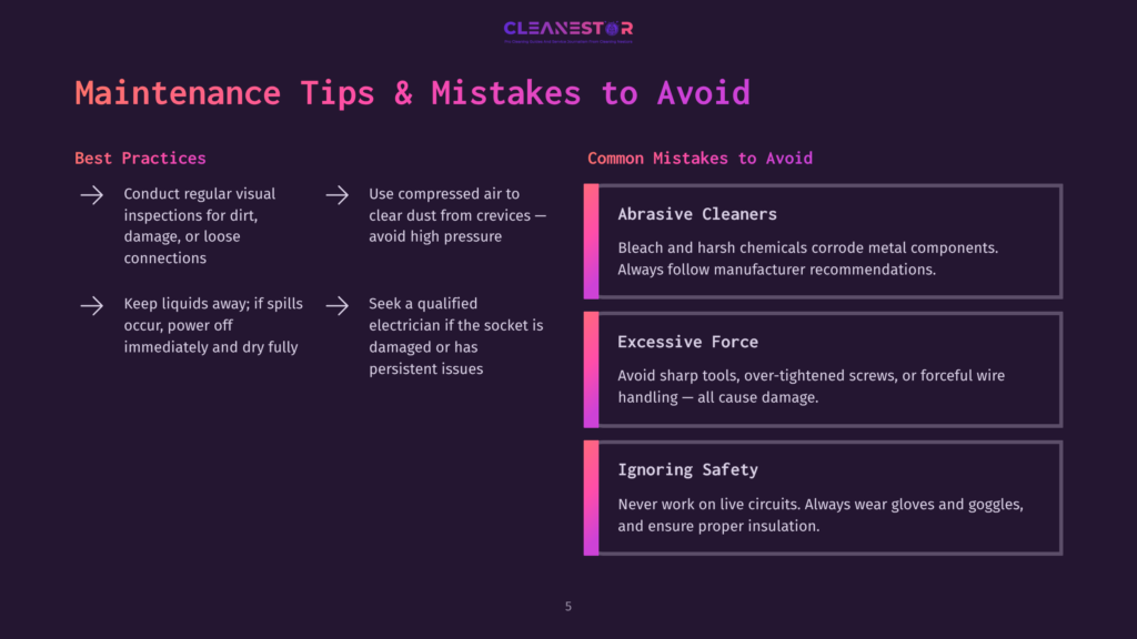 Maintenance Tips And Mistakes Infographic With A Purple Background. It Lists Best Practices Like Conducting Regular Visual Inspections And Using Compressed Air To Clear Dust. It Warns Of Common Mistakes Such As Using Abrasive Cleaners Or Ignoring Safety Protocols.
