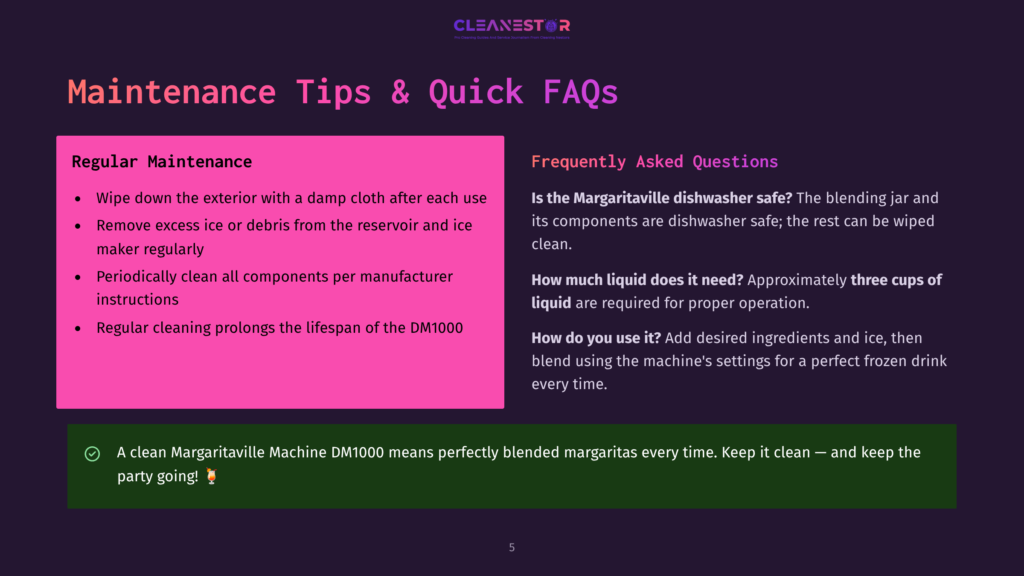 Margaritaville Machine Dm1000 Maintenance Tips And Faqs, Including Regular Maintenance Steps And Dishwasher Safety Information.