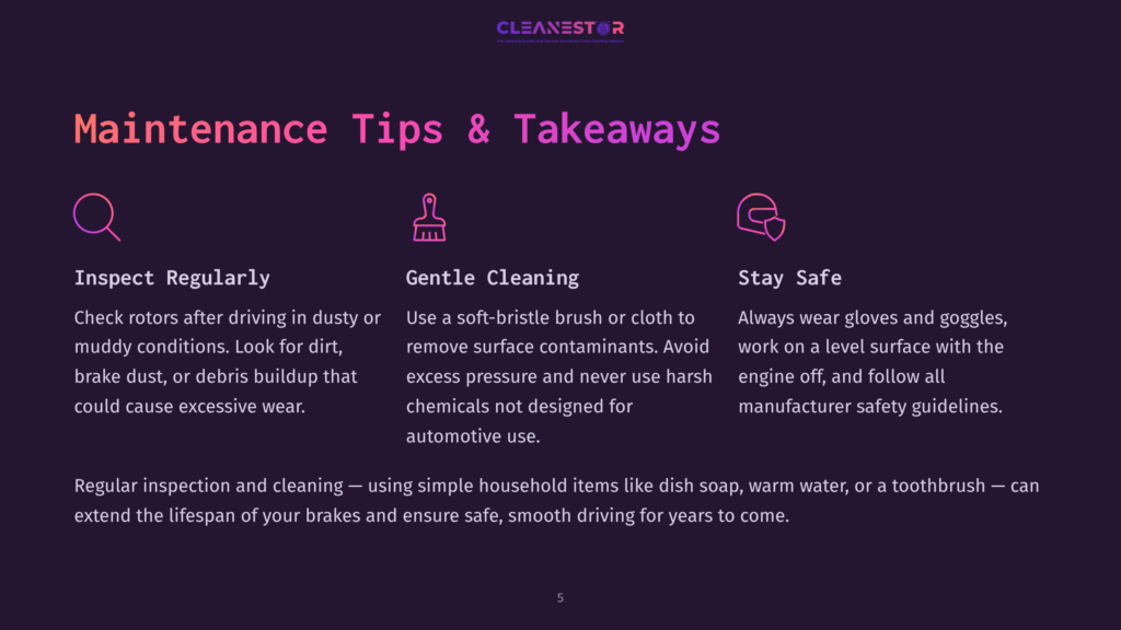 Three Icons With Text: Inspect Regularly With A Magnifying Glass Icon, Gentle Cleaning With A Brush Icon, And Stay Safe With A Helmet Icon. The Background Is Dark Purple With A Textured Gradient.