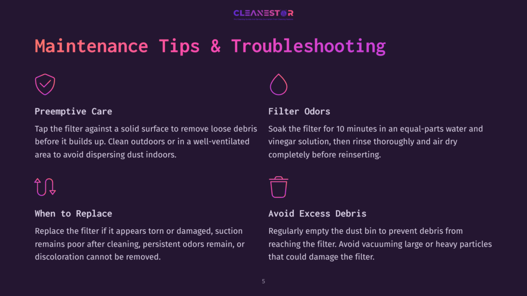 Cleanestor Maintenance Tips And Troubleshooting: Preemptive Care, Filter Odors, When To Replace, And Avoid Excess Debris. Dark Background With Icons And Text.