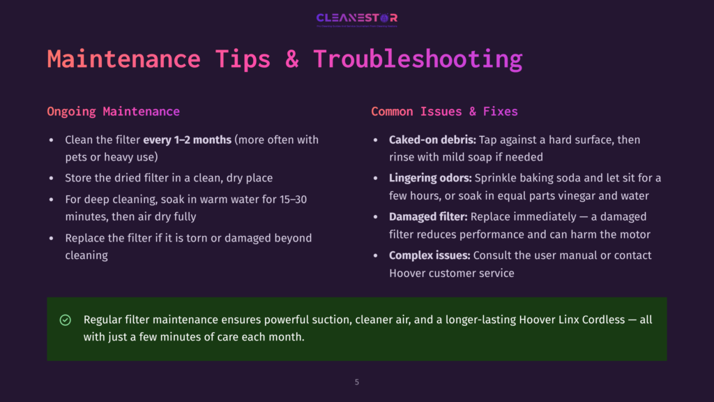 Cleanestor Maintenance Tips And Troubleshooting Guide, Detailing Ongoing Maintenance And Common Issues Like Caked-On Debris And Lingering Odors For Hoover Linx Cordless Vacuums.