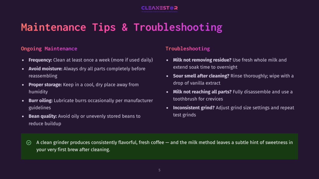 Cleanestor Coffee Grinder Maintenance Tips And Troubleshooting Guide, With Sections On Ongoing Maintenance And Troubleshooting Common Issues Like Milk Not Reaching Parts And Inconsistent Grind.