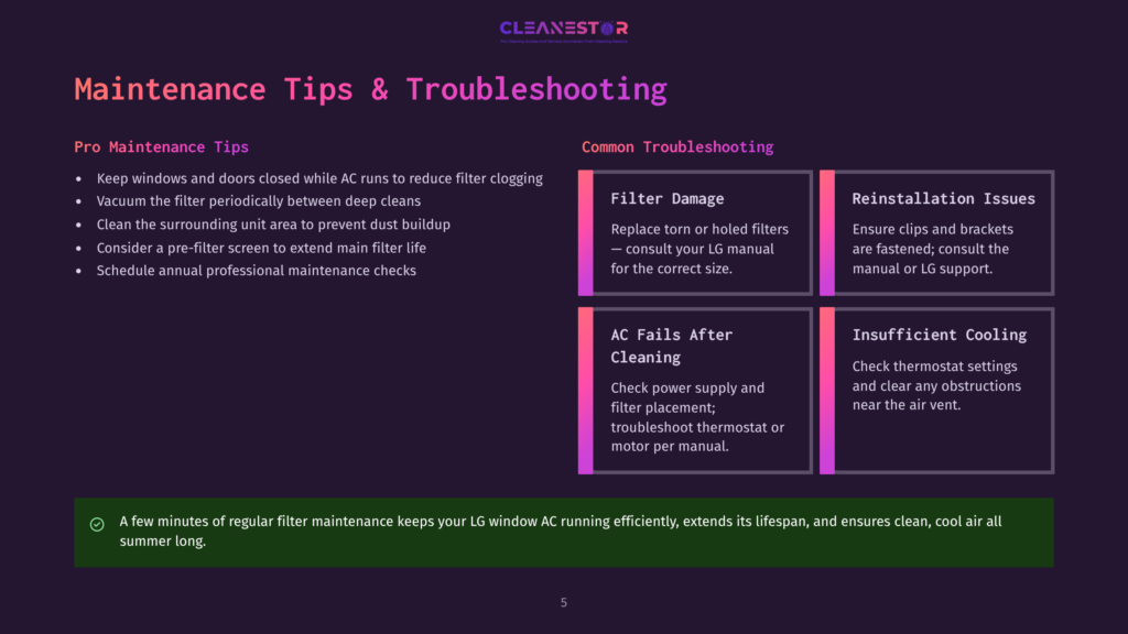 A Slide Titled &Quot;Maintenance Tips &Amp; Troubleshooting&Quot; From Cleanestor, Featuring Sections On Pro Maintenance Tips And Common Troubleshooting For Ac Units. Key Points Include Keeping Windows Closed, Cleaning The Unit And Surrounding Area, And Filter Maintenance.