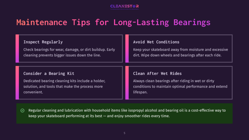 Infographic Titled &Quot;Maintenance Tips For Long-Lasting Bearings&Quot; With Four Sections: Inspect Regularly, Avoid Wet Conditions, Consider A Bearing Kit, And Clean After Wet Rides. A Green Checkmark Highlights A Tip About Using Isopropyl Alcohol And Bearing Oil.