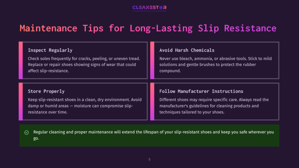 Graphic With The Title &Quot;Maintenance Tips For Long-Lasting Slip Resistance&Quot; In Purple Text On A Dark Background. Four Boxes Detail Tips: Inspect Regularly, Avoid Harsh Chemicals, Store Properly, And Follow Manufacturer Instructions. A Green Bar At The Bottom States &Quot;Regular Cleaning And Proper Maintenance Will Extend The Lifespan Of Your Slip-Resistant Shoes And Keep You Safe Wherever You Go.