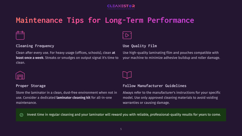 Infographic With Text: &Quot;Maintenance Tips For Long-Term Performance.&Quot; Sections Include &Quot;Cleaning Frequency,&Quot; &Quot;Use Quality Film,&Quot; &Quot;Proper Storage,&Quot; And &Quot;Follow Manufacturer Guidelines.