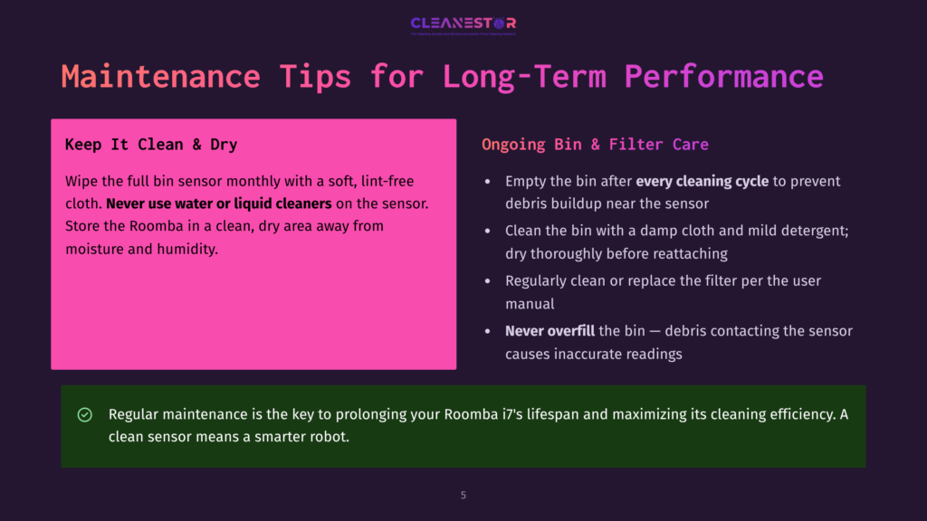 Presentation Slide Titled &Quot;Maintenance Tips For Long-Term Performance&Quot; With Sections On Cleaning The Roomba Bin And Filter, And Keeping The Sensors Clean And Dry.