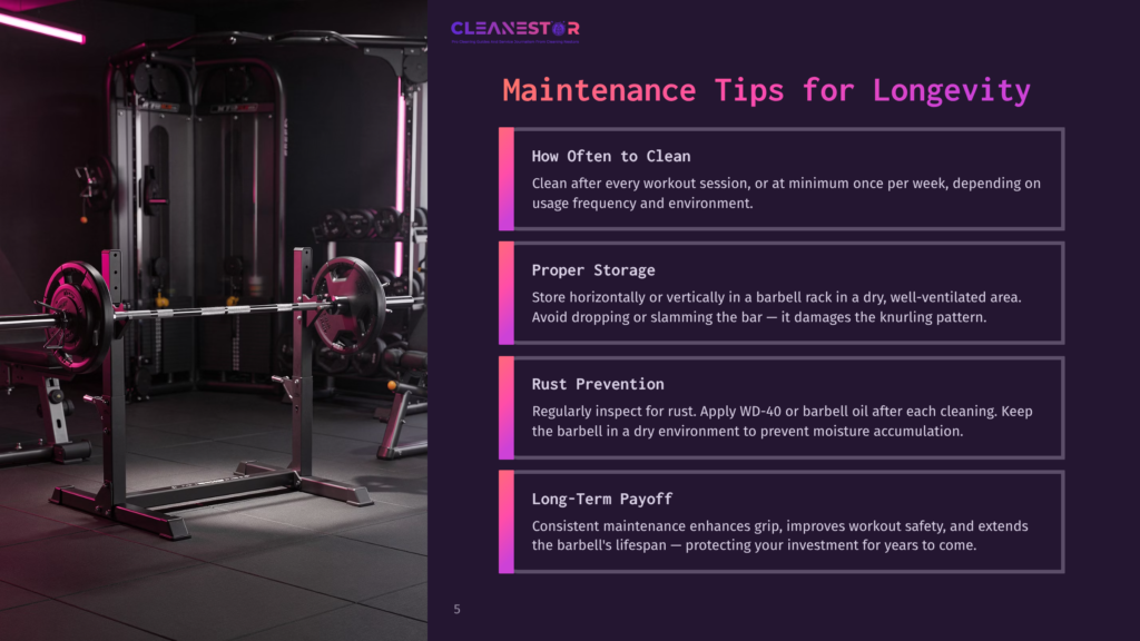 Maintenance Tips For Longevity Displayed On A Dark Gym Background, With A Barbell Prominently In The Foreground. The Text Includes Tips Such As Cleaning After Every Workout, Proper Storage, Rust Prevention, And The Long-Term Payoff Of Consistent Maintenance.