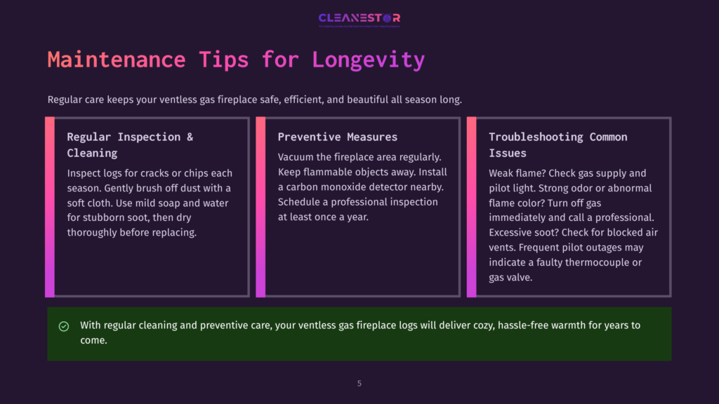 5 Maintenance Tips For Longevity Maintenance Tips For Longevity Include Regular Inspection And Cleaning Of Logs For Cracks Or Chips, Vacuuming The Fireplace Area, Keeping Flammable Objects Away, And Scheduling Professional Inspections.