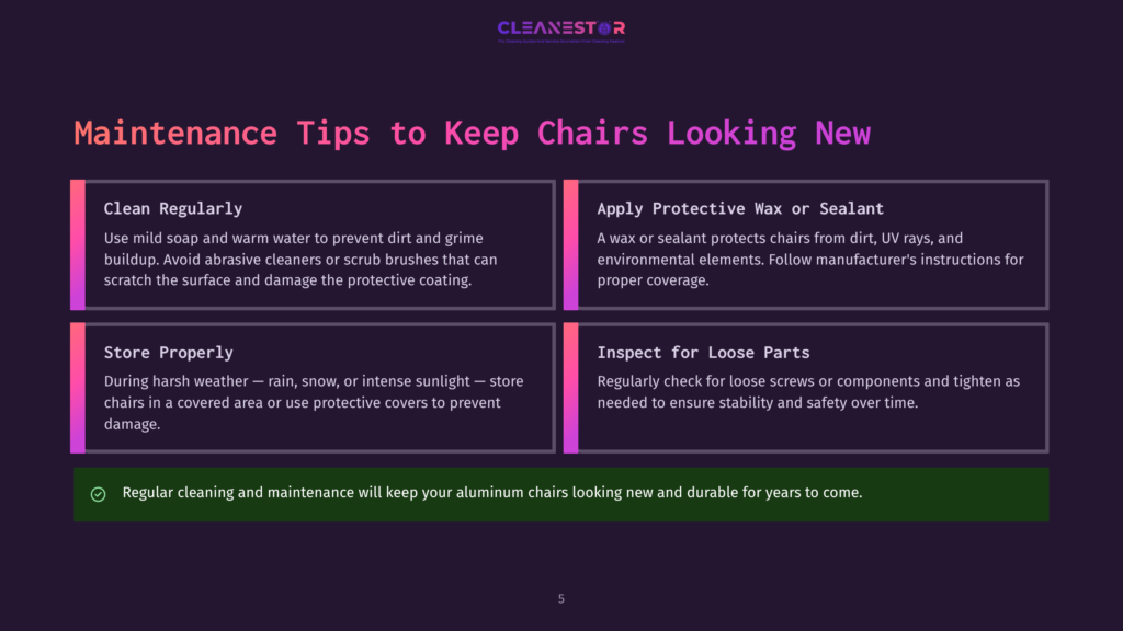 Cleanestor Logo Above A Graphic With Four Panels Offering Maintenance Tips For Chairs: Clean Regularly, Apply Protective Wax Or Sealant, Store Properly, And Inspect For Loose Parts. A Green Banner At The Bottom States &Quot;Regular Cleaning And Maintenance Will Keep Your Aluminum Chairs Looking New And Durable For Years To Come.