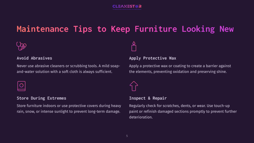 A Presentation Slide Titled &Quot;Maintenance Tips To Keep Furniture Looking New&Quot; With Four Distinct Sections: &Quot;Avoid Abrasives,&Quot; &Quot;Apply Protective Wax,&Quot; &Quot;Store During Extremes,&Quot; And &Quot;Inspect &Amp; Repair,&Quot; Each With An Icon And Descriptive Text.
