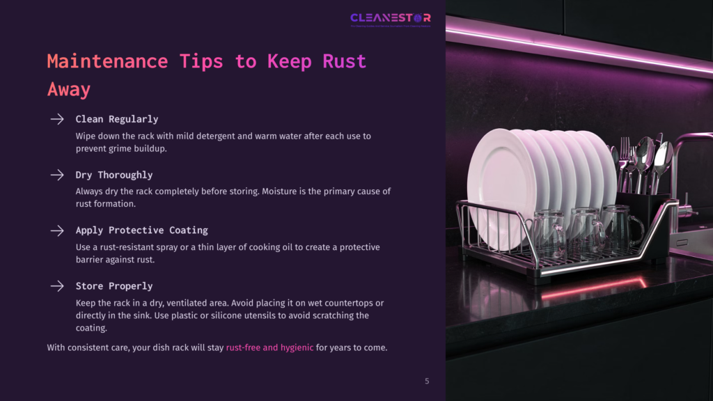 A Modern Dish Rack With Clean White Plates And Silverware Sits On A Dark, Sleek Countertop Next To A Sink. The Text &Quot;Cleanestor&Quot; Is Visible At The Top Of The Image.
