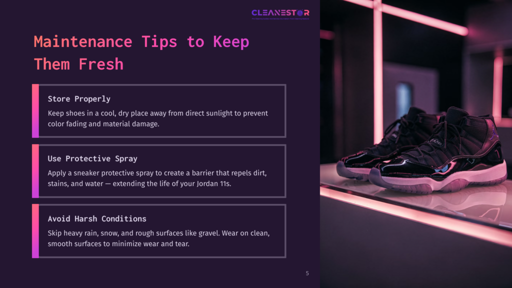 5 Maintenance Tips To Keep Them Fresh Black And White Air Jordan 11 Sneakers Are Displayed On A Reflective Surface With Purple And Pink Neon Lighting, Showcasing A Glossy Finish. Text On The Left Provides Maintenance Tips For Keeping Sneakers Fresh.
