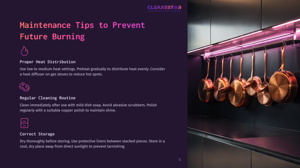 Cleanestor Maintenance Tips For Preventing Future Burning, Showing Copper Pots Hanging Under Pink Led Lights In A Modern Kitchen.