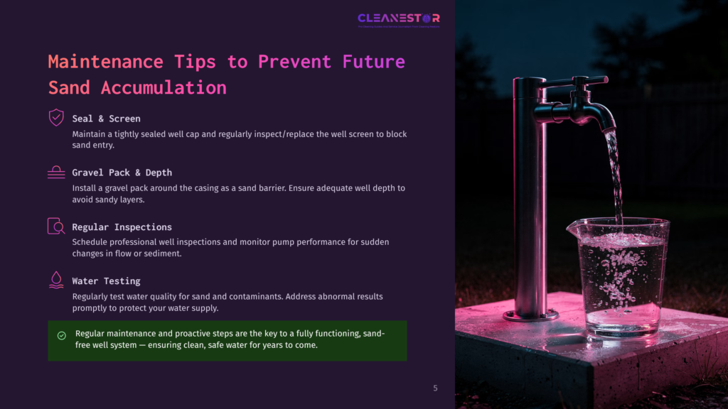 A Modern Outdoor Faucet With Water Flowing Into A Glass Beaker, Next To A Dark Purple Illuminated Base. Text Overlays Read &Quot;Cleanestor&Quot; And &Quot;Maintenance Tips To Prevent Future Sand Accumulation&Quot;.