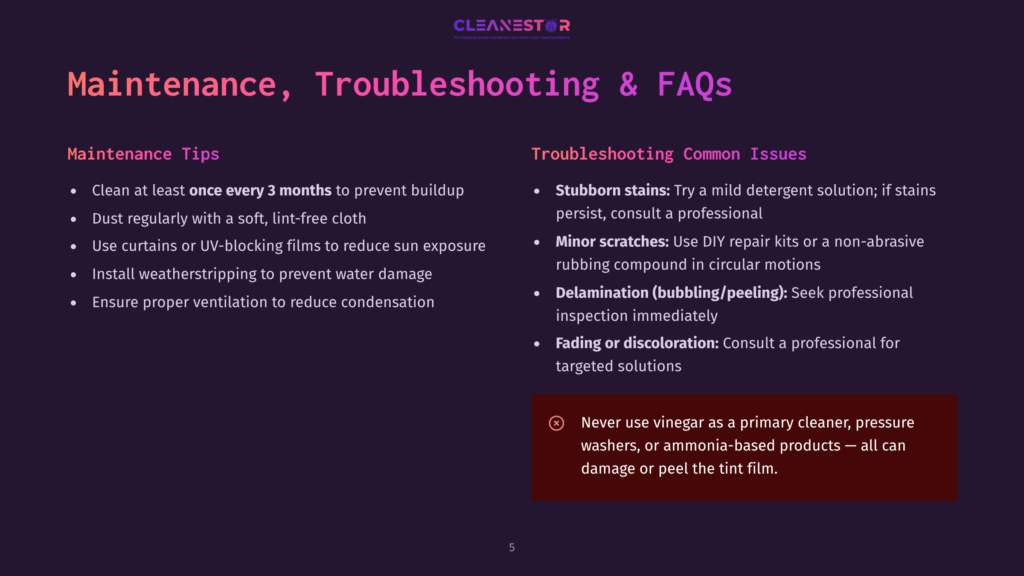 A Cleanestor Maintenance And Troubleshooting Guide Displayed On A Purple Background. The Guide Includes Tips For Cleaning At Least Once Every Three Months And Using Uv-Blocking Films. It Also Addresses Common Issues Like Stubborn Stains, Minor Scratches, Delamination, And Fading, Advising On The Use Of Diy Kits And Professional Services. A Warning Advises Against Using Vinegar, Pressure Washers, Or Ammonia-Based Products.