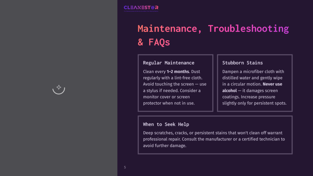 Cleanestor Screen Maintenance Troubleshooting And Faqs Page With Sections On Regular Maintenance, Stubborn Stains, And When To Seek Help, Plus A Spinning Icon.