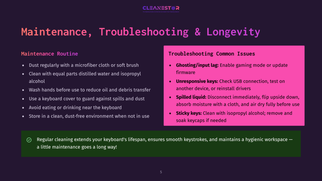 A Webpage With A Blue Background, Titled &Quot;Maintenance, Troubleshooting &Amp; Longevity,&Quot; Offers A List Of Maintenance Tips And Troubleshooting Common Issues For A Keyboard.