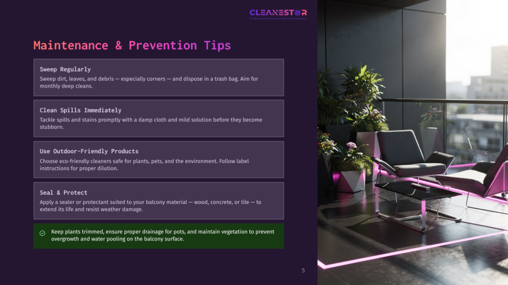 Modern Balcony With Stylish Chairs And Plants, Featuring Text About Maintenance And Prevention Tips For Outdoor Spaces.