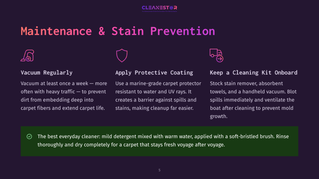 Infographic On Carpet Maintenance And Stain Prevention: Vacuum Regularly, Apply Protective Coating, Keep A Cleaning Kit Onboard. Includes Tips For Cleaning And Preventing Mold.